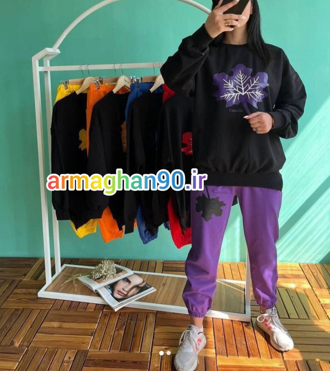 ست اسپرت بلوز شلواردورس طرح برگ-بنفش پررنگ