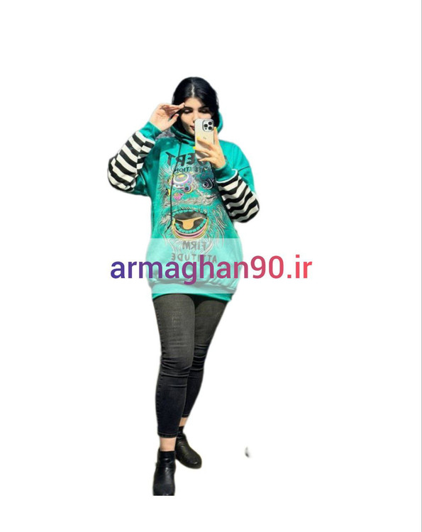 هودی آستین راه راه زمرد کل شیر-سبز آبی تیره