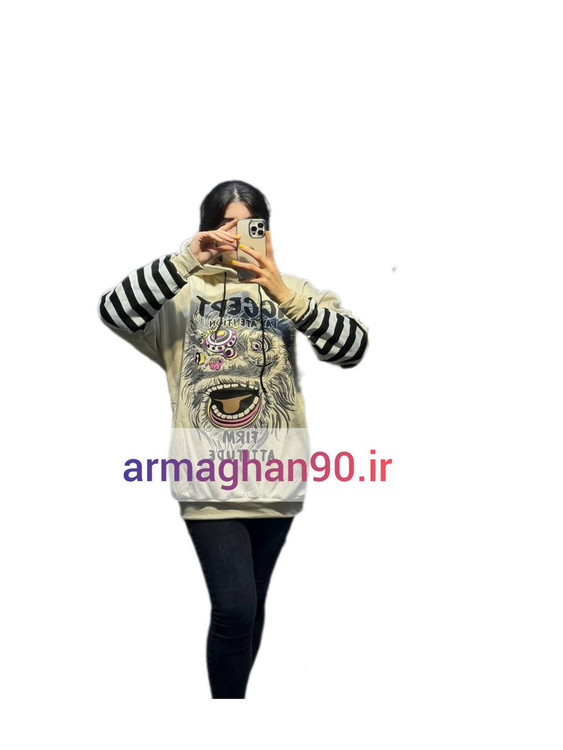 هودی آستین راه راه زمرد کل شیر-کرم روشن