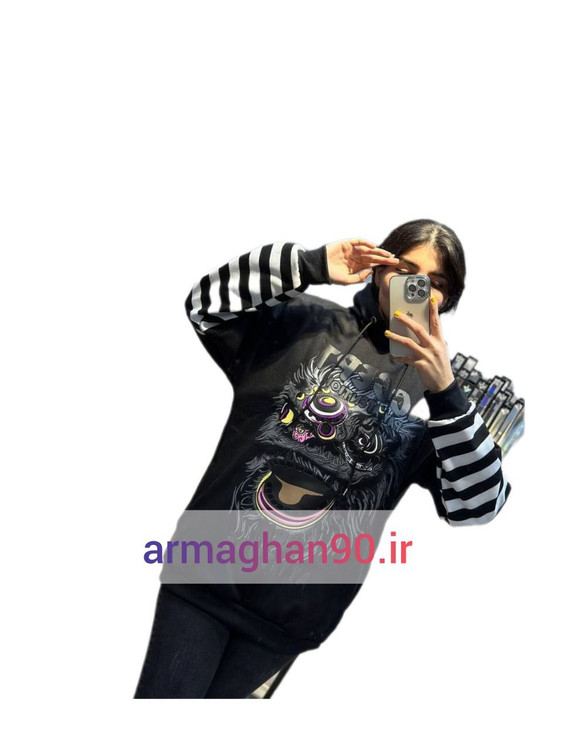 هودی آستین راه راه زمرد کل شیر-مشکی