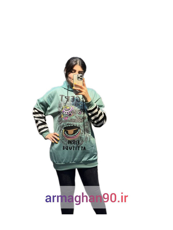 هودی آستین راه راه زمرد کل شیر-سبز آبی ملایم