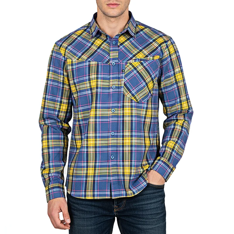 پیراهن چهارخانه آستین بلند مردانه طرح هیمالیا آبی وزرد